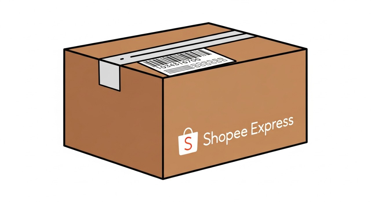 Sebuah paket Shopee Express yang sudah siap untuk dikirim dengan label resi terlihat.