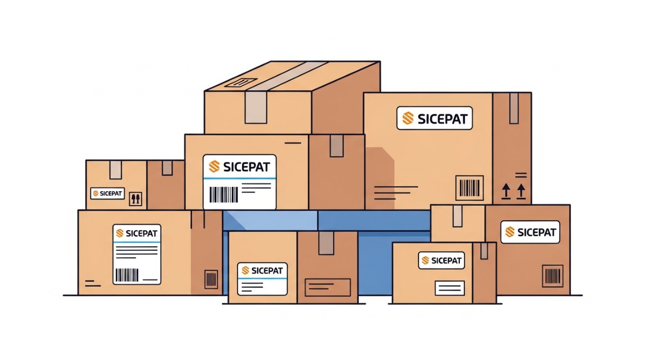 Beberapa paket Sicepat dengan label pengiriman sedang disortir di area gudang.