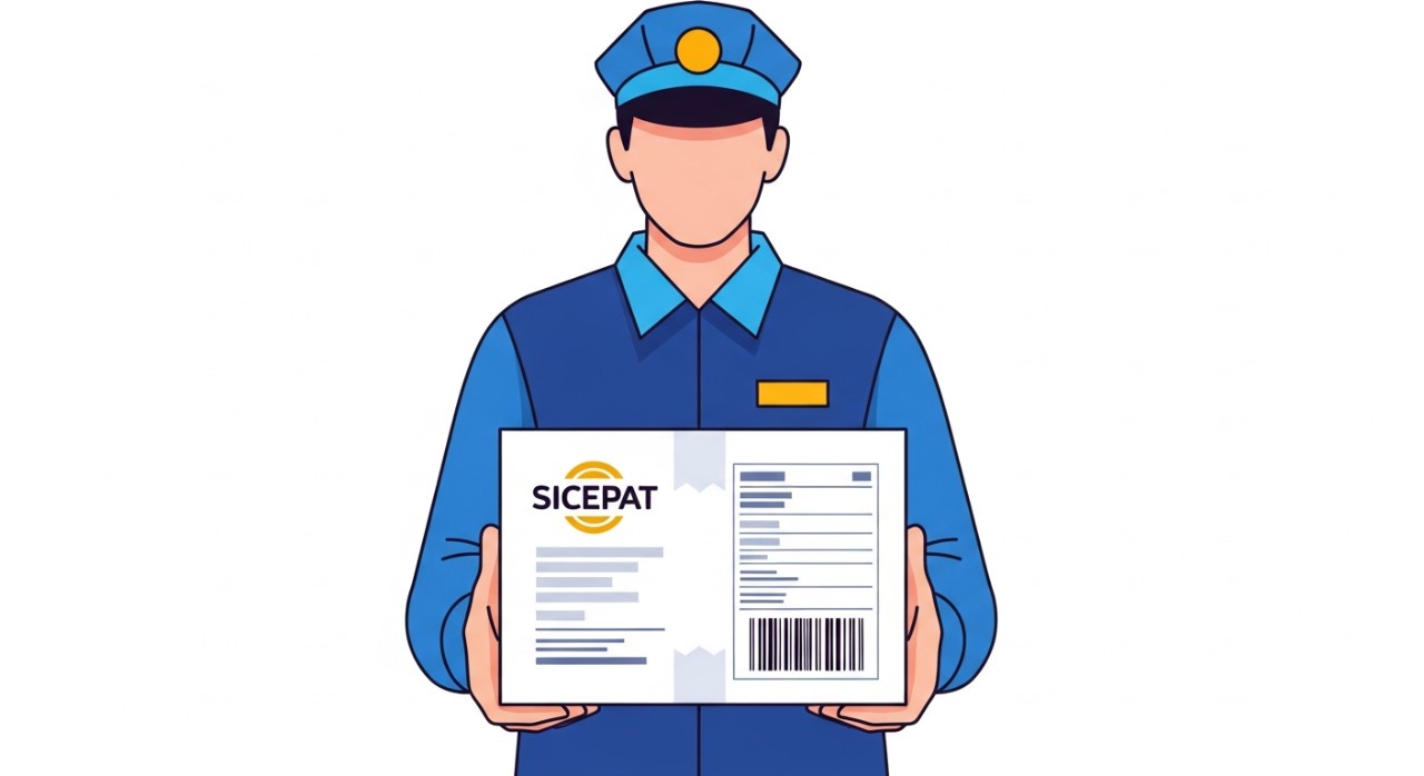 Sebuah paket Sicepat dengan label pengiriman yang jelas sedang dipegang oleh seorang petugas logistik.
