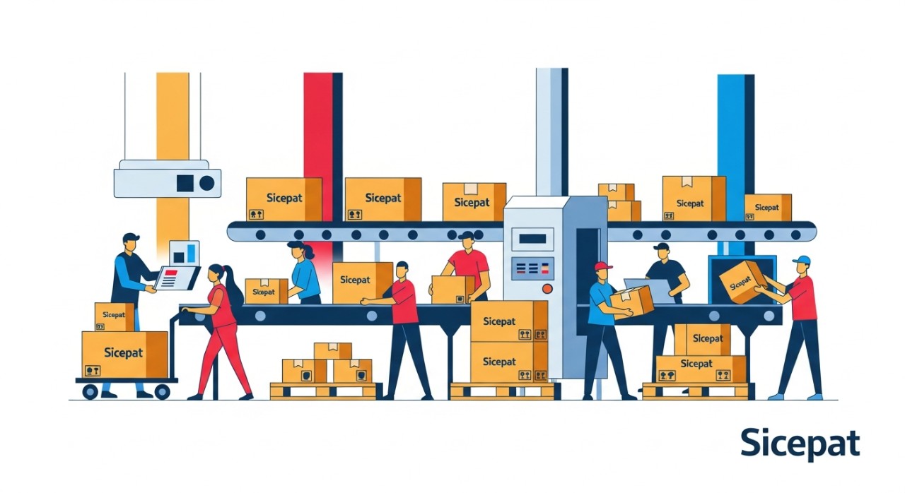 Beberapa paket Sicepat sedang disortir di dalam gudang logistik.