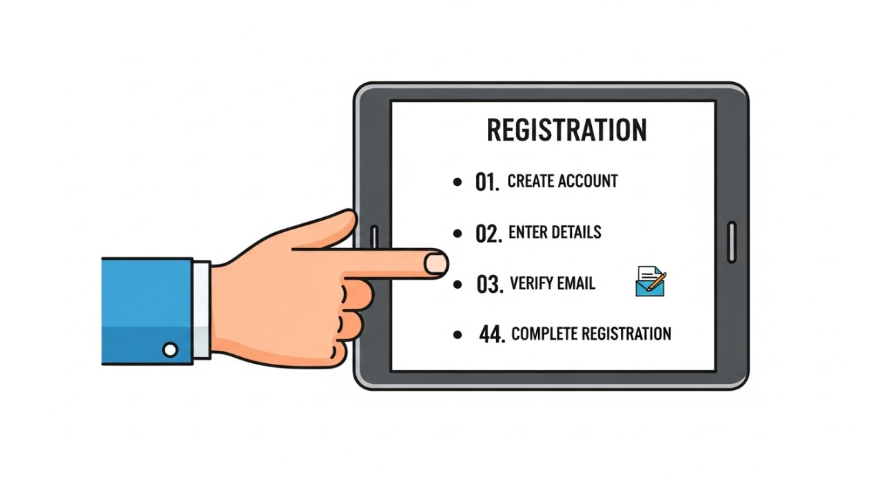Sebuah tangan sedang menunjuk langkah-langkah pendaftaran di layar tablet.