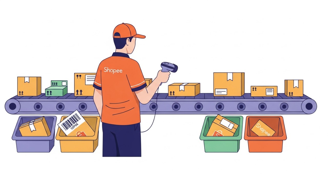 Seorang pekerja Shopee Express sedang memindai dan menyortir paket-paket di area pemrosesan.