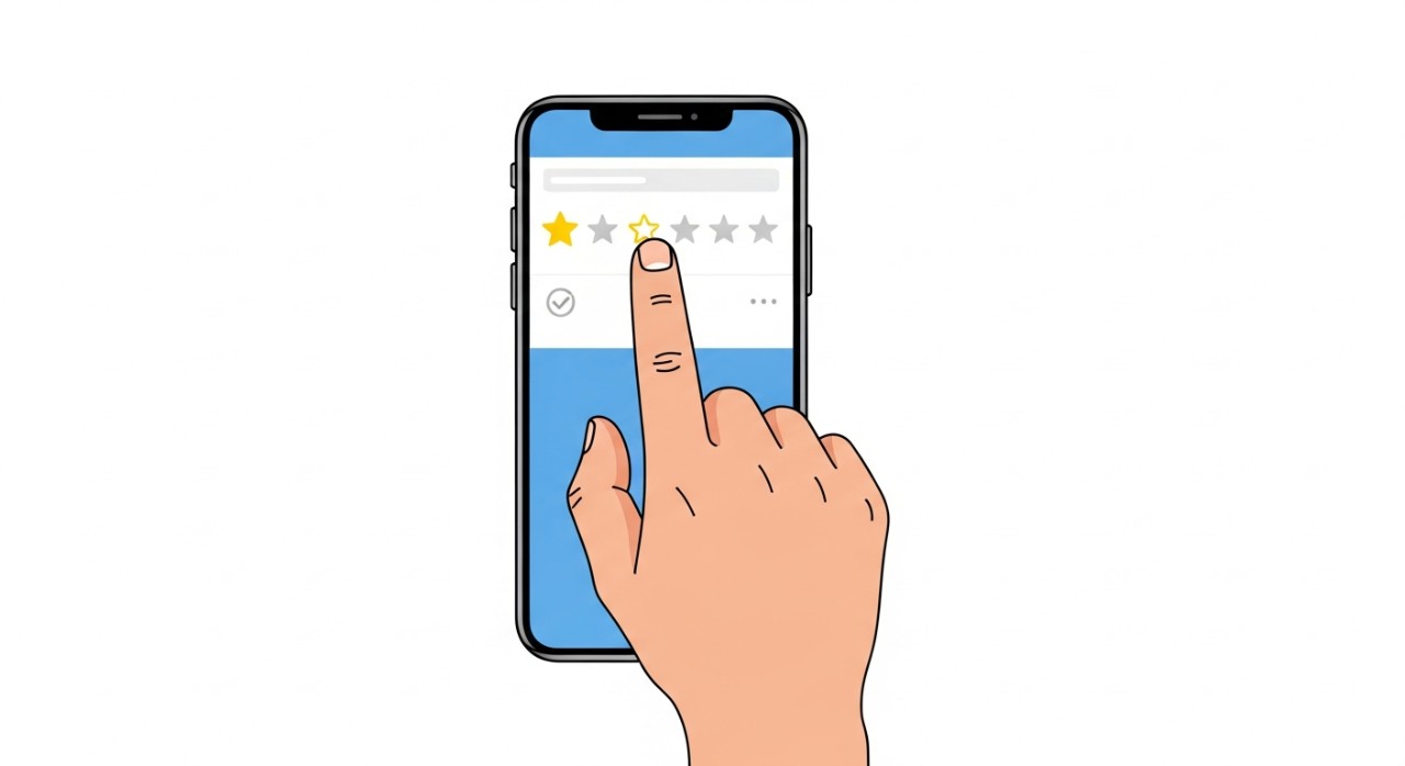 Tangan seorang pelanggan sedang mengetuk ikon bintang satu pada layar ponselnya di aplikasi Shopee.