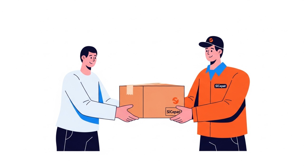 Seorang pelanggan sedang menerima paket dari kurir Sicepat di depan rumahnya.