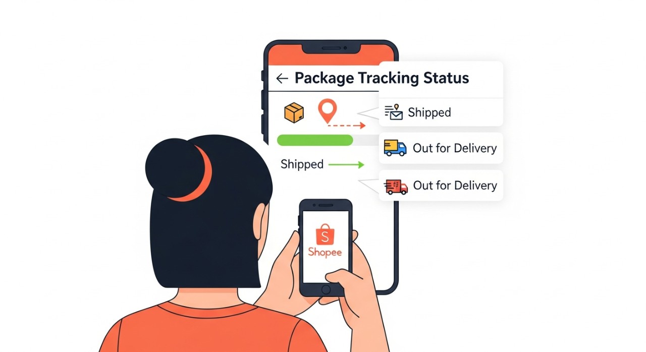 Seorang pelanggan sedang melihat status pelacakan paket di aplikasi Shopee.