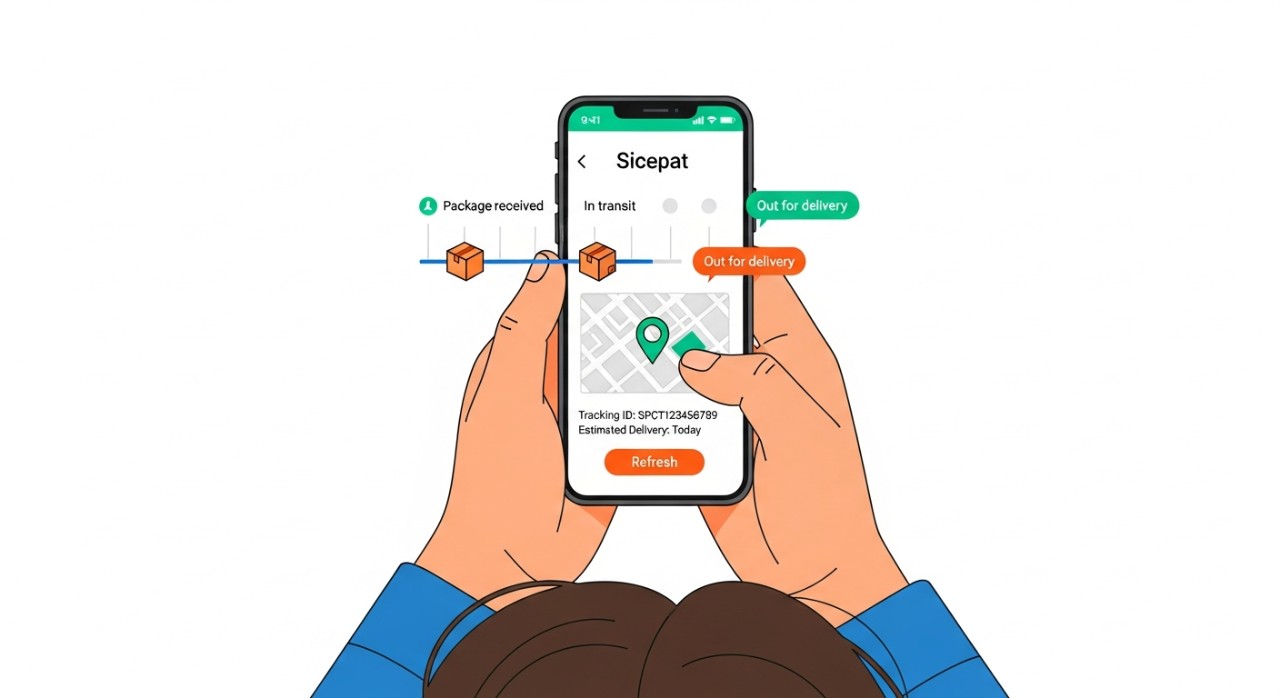 Seorang pelanggan sedang melacak status pengiriman paket Sicepat melalui ponsel.