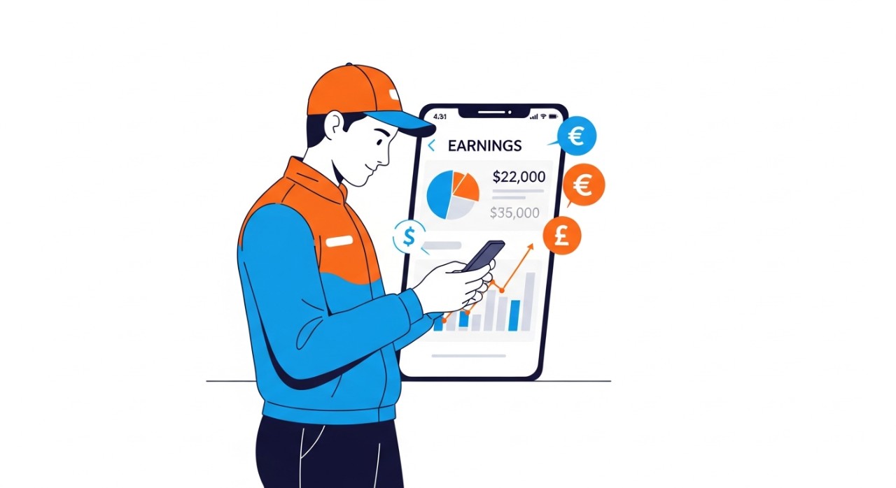Seorang kurir sedang memeriksa rincian penghasilannya di layar ponsel.