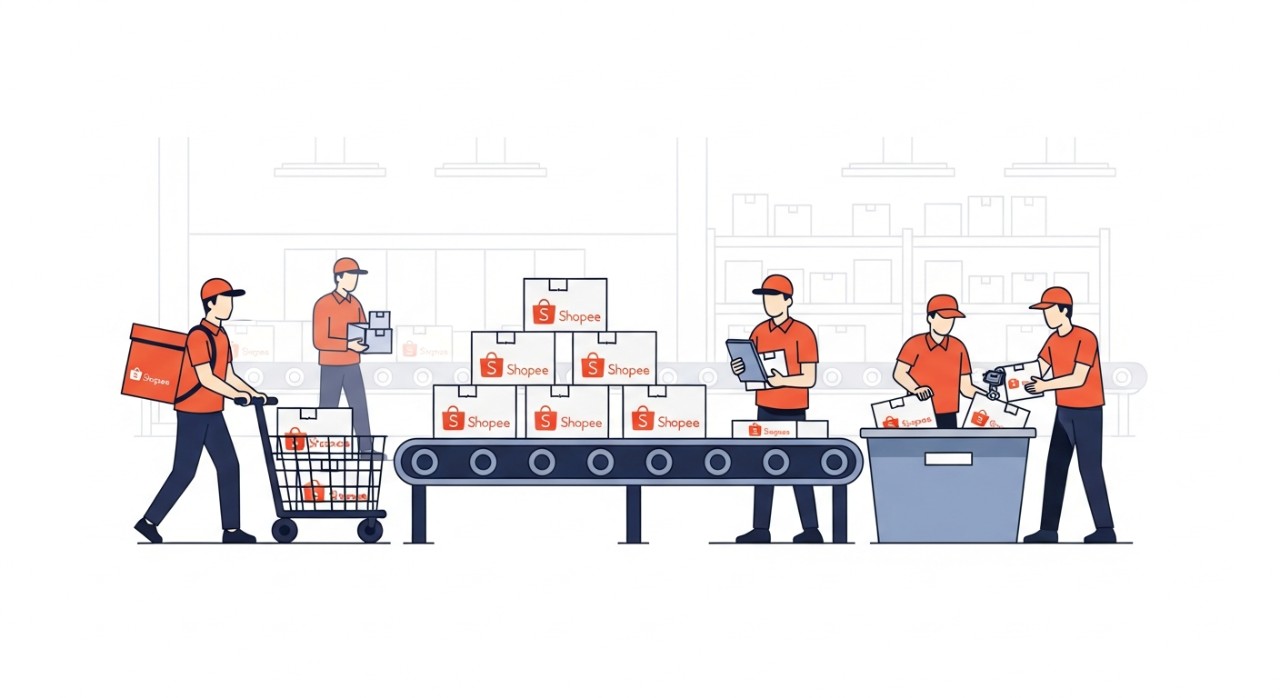 Paket-paket Shopee Express yang siap untuk dikirimkan dari pusat sortir di Padang.