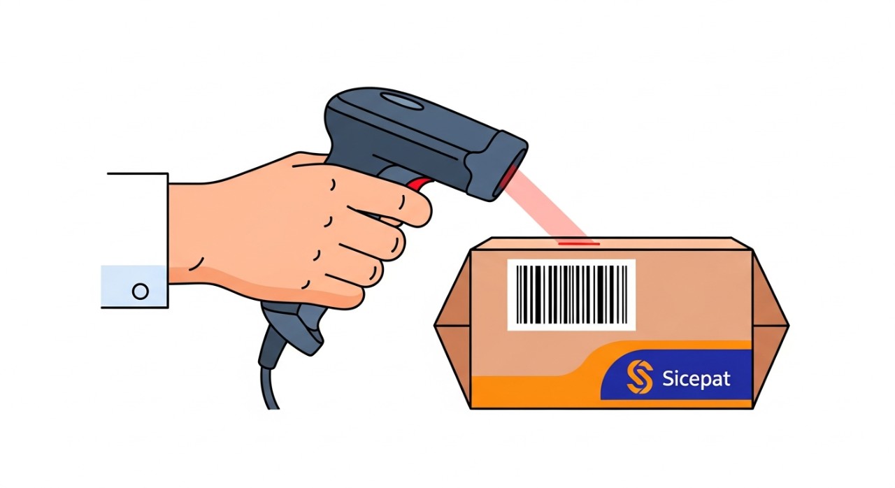 Tangan seorang petugas sedang memindai kode batang pada sebuah paket Sicepat di pusat sortir.
