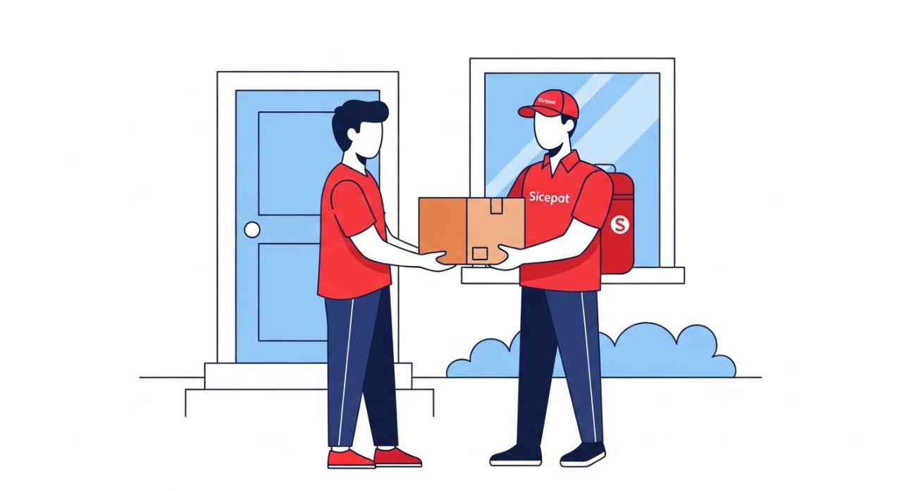 Seorang pelanggan sedang menerima paket dari kurir Sicepat di depan rumahnya.