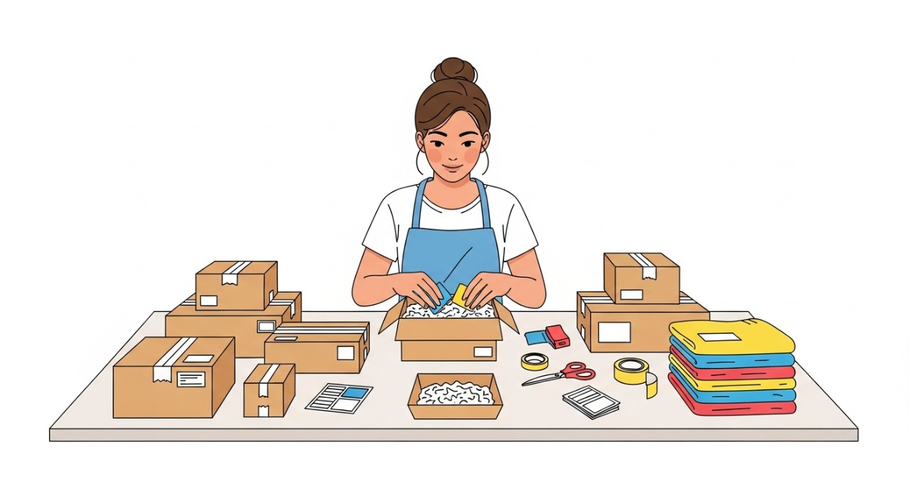 Seorang penjual sedang menata dan mengepak paket-paket pesanan pelanggan.