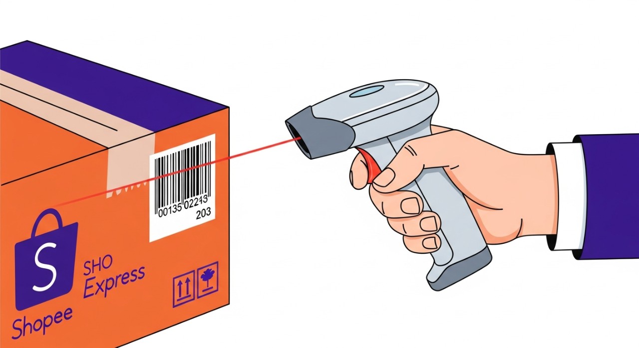 Tangan seorang petugas sedang memindai kode batang pada paket Shopee Express.