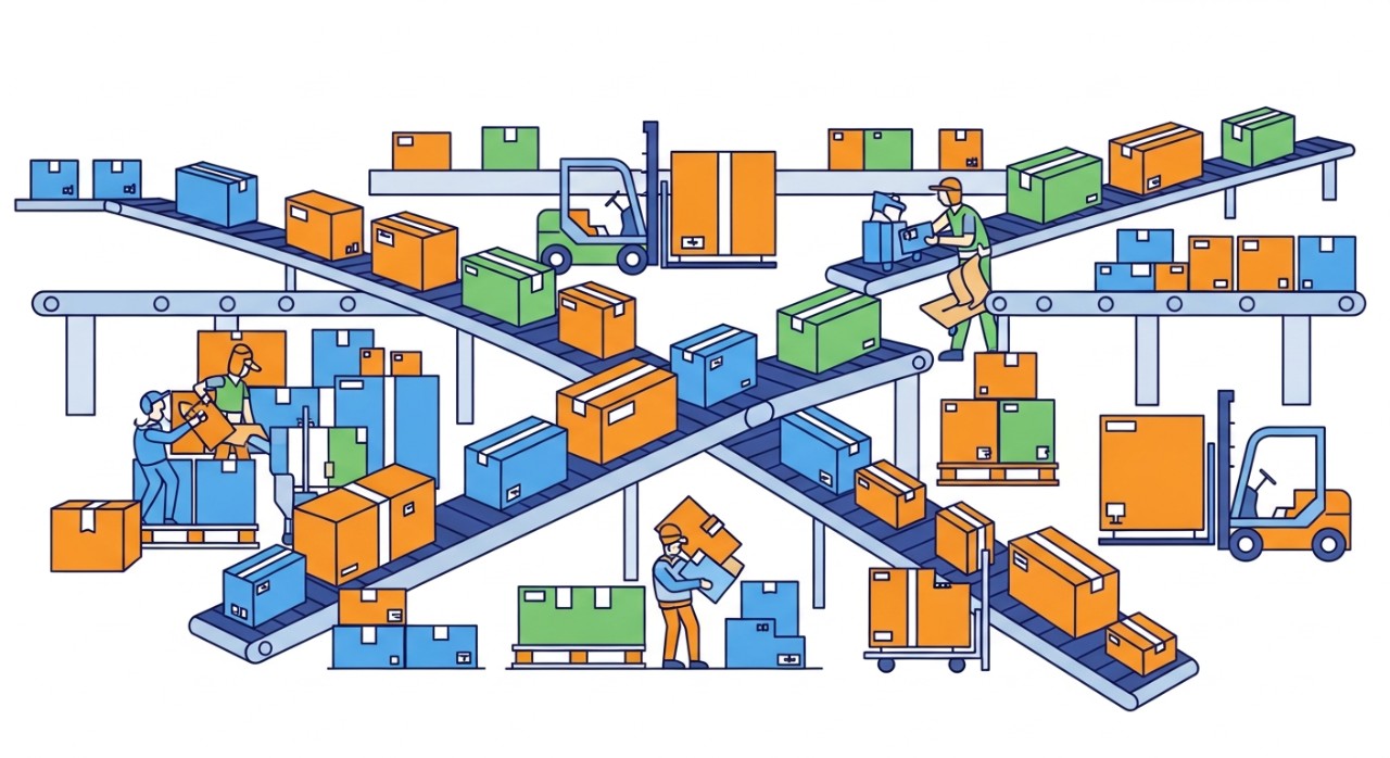 Paket-paket sedang disortir di gudang logistik.