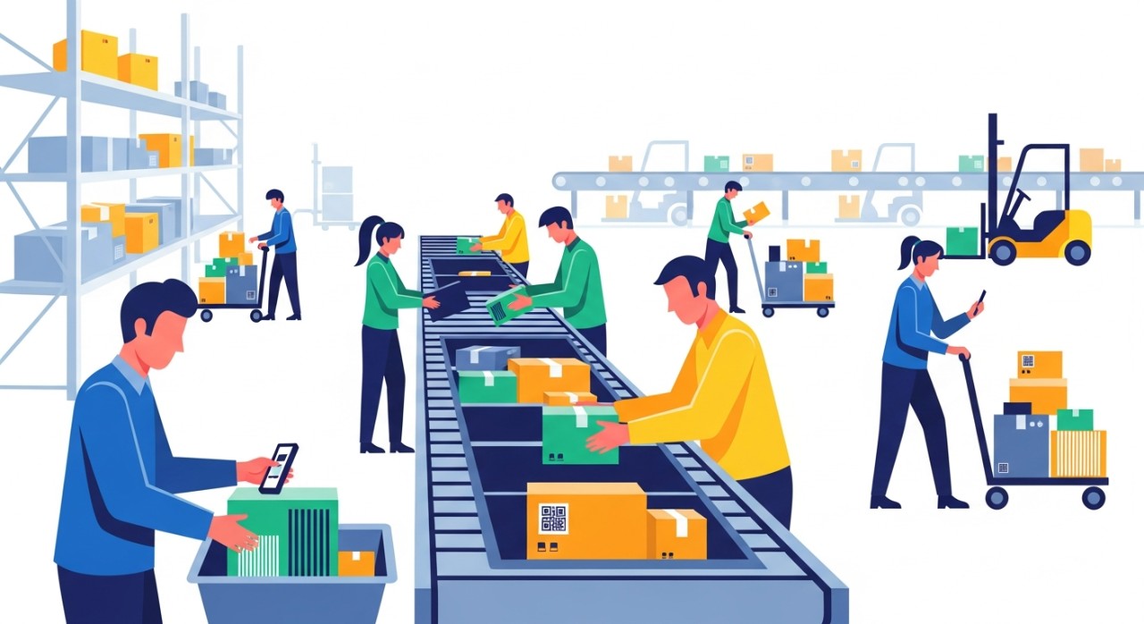 Petugas sedang menyortir paket di gudang logistik.