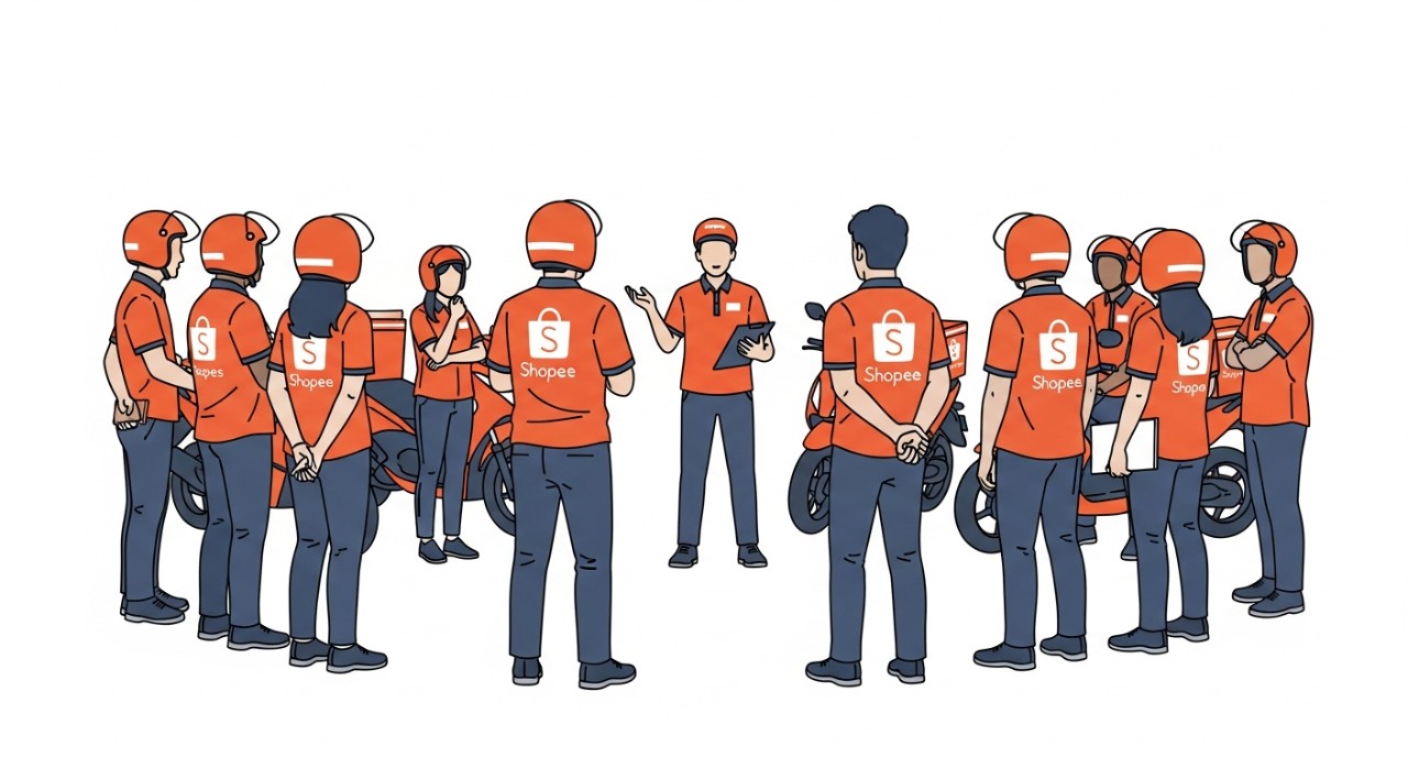 Beberapa rider Shopee Express sedang berkumpul untuk briefing pagi.
